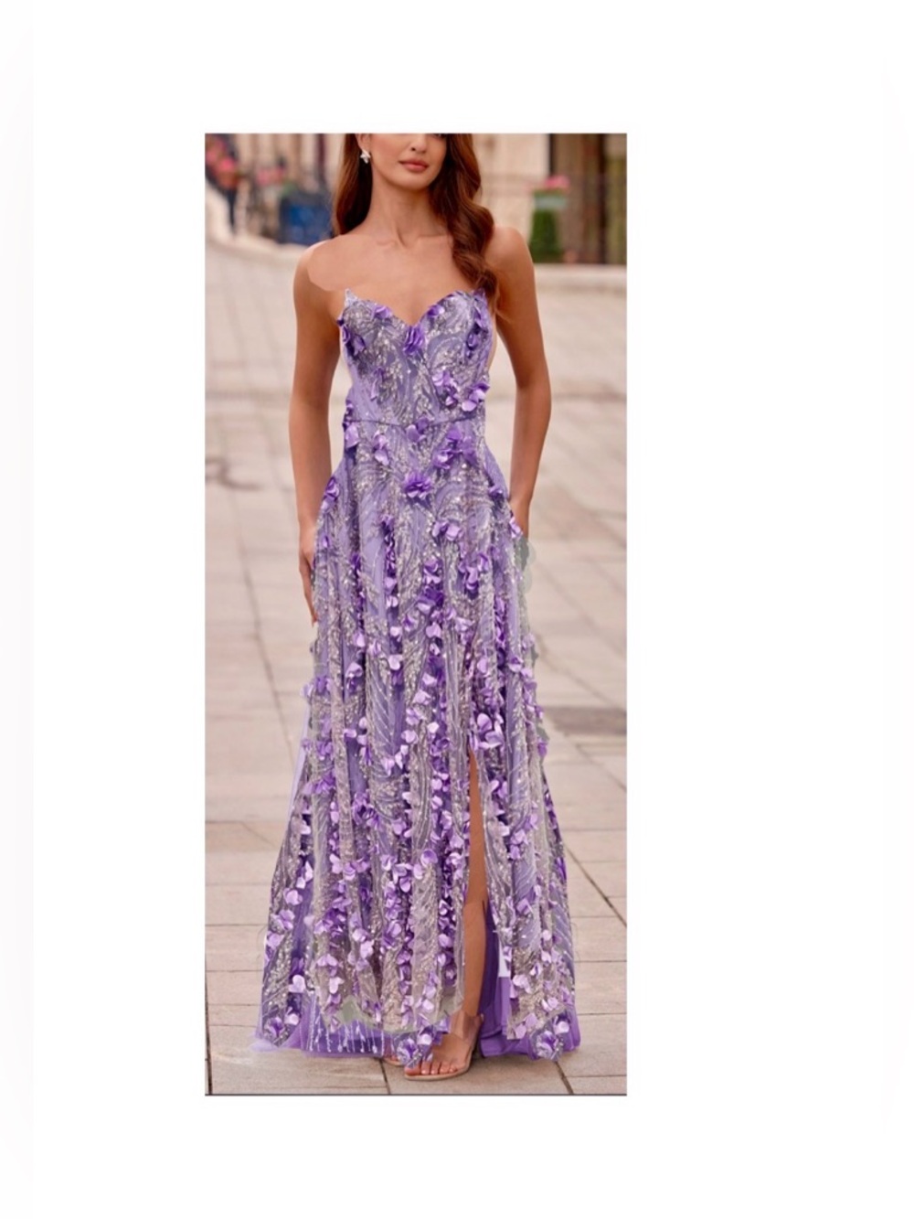 Purple garden bliss Strapless Lavender Floral Appliqué Evening Gown sz Large